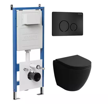 Комплект Унитаз подвесной с инсталляцией Grossman Style 97.4455BMSQ.05.21M безободковый, черный матовый+ Кнопка смыва черная матовая