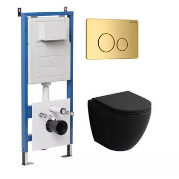 Комплект Унитаз подвесной с инсталляцией Grossman Style 97.4455BMSQ.05.30M безободковый, черный матовый+ Кнопка смыва золото глянцевое