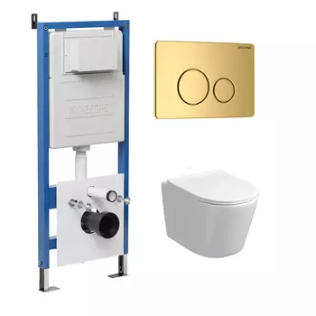 Комплект Унитаз подвесной с инсталляцией Grossman Style 97.4477S.05.30M безободковый, белый+ Кнопка смыва золото глянцевое