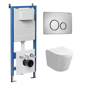 Комплект Унитаз подвесной с инсталляцией Grossman Style 97.4477S.05.12M безободковый, белый+ Кнопка смыва хром сатиновый