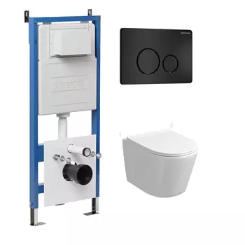 Комплект Унитаз подвесной с инсталляцией Grossman Style 97.4477S.05.21M безободковый, белый+ Кнопка смыва черная матовая