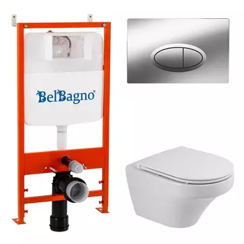 Комплект унитаз с инсталляцией BelBagno Duet CZR-2462-TH-TOR/CZR-870-SC/BB026/BB051CR безободковый, микролифт, белый, кнопка хром