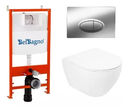 Комплект унитаз с инсталляцией BelBagno Stylus CZR-513-TH-R/CZR2316SC/BB026/BB051CR безободковый, микролифт, белый, кнопка хром