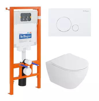 Комплект унитаз с инсталляцией BelBagno Stylus CZR-6601-TH-TOR/CZR2316SC/BB002-80/BB014-SR-BIANCO безободковый, микролифт белый