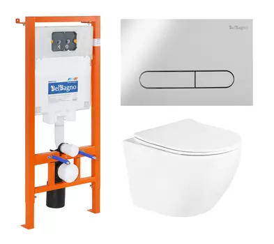 Комплект унитаз с инсталляцией BelBagno Uno BB3105CHR/SC/BB002-80/BB005-PR-CHROME безободковый, микролифт, белый, кнопка хром
