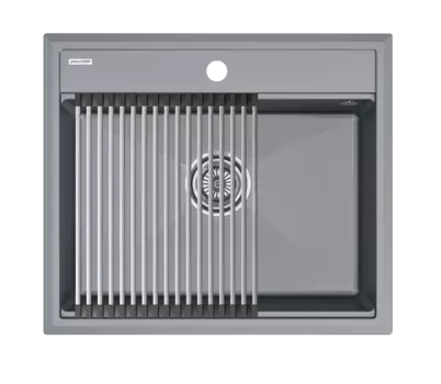 Кухонная мойка Paulmark STEPIA 60 + STEP PM115951-GRM+R375-BS серый металлик + Ролл-мат STEP