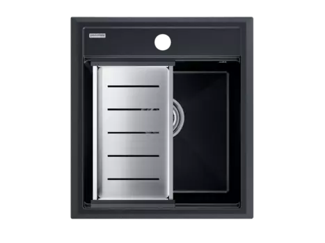 Кухонная мойка Paulmark STEPIA 45 + ADVANCE PM114651-BLM+A375-BS черный металлик + Коландер ADVANCE