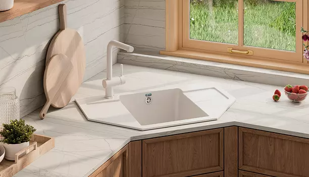 Кухонная мойка Ulgran Classic 78 см U-609-302 песочная, угловая односекционная реверсивная