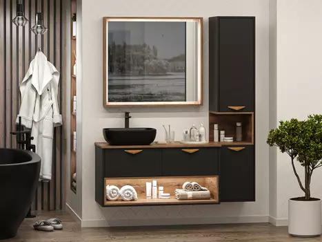 Мебель для ванной комнаты Brevita Bergen 105 см подвесная, черная, темное дерево