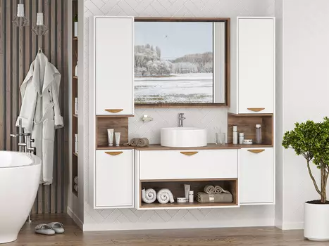 Мебель для ванной комнаты Brevita Bergen 90 см подвесная, белая, темное дерево