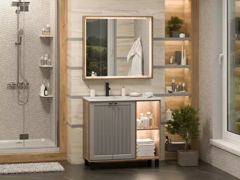 Мебель для ванной комнаты Brevita Lumus 90 см напольная, левая, темное дерево, серая