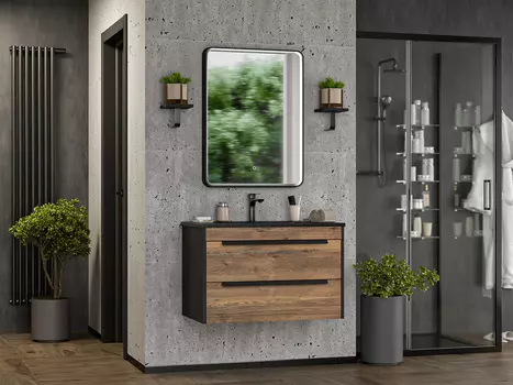 Мебель для ванной комнаты Brevita Monsour 80 см подвесная, темное дерево, черная