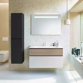 Мебель для ванной комнаты Burgbad Fiumo 102 см подвесная, белая глянцевая, дуб