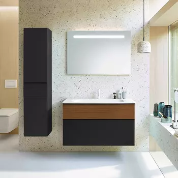 Мебель для ванной комнаты Burgbad Fiumo 102 см подвесная, графит матовая, тик корица