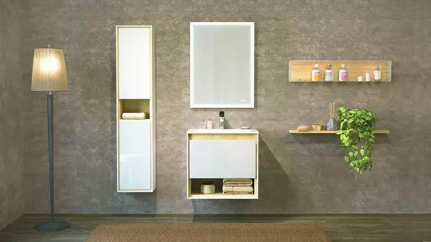 Мебель для ванной комнаты Jorno Glass 62 см подвесная, белая-дуб сонома