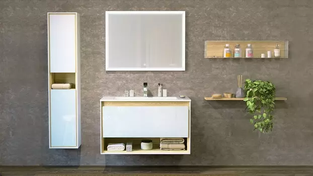 Мебель для ванной комнаты Jorno Glass 97 см подвесная, белая-дуб сонома