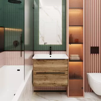 Мебель для ванной комнаты La Fenice Tessoro 80 см, подвесная, 2 ящика, дуб Галифакс табак