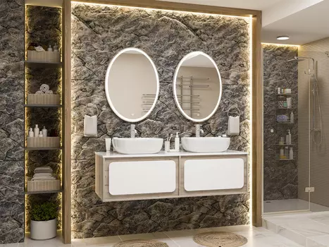 Мебель для ванной комнаты Misty Дубль 150 см подвесная, белая, светлое дерево