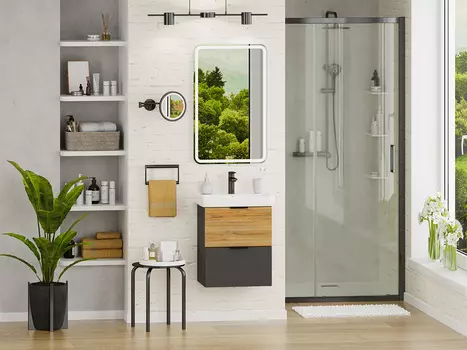 Мебель для ванной комнаты Misty Форест 50 см подвесная, светлое дерево, серая