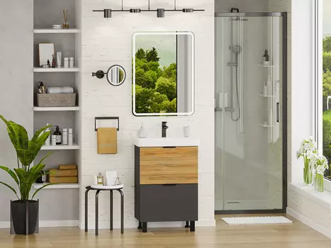 Мебель для ванной комнаты Misty Форест 60 см напольная, светлое дерево, серая