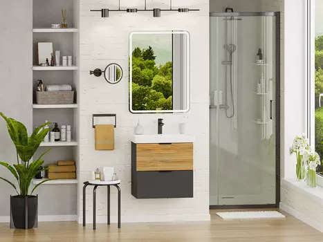 Мебель для ванной комнаты Misty Форест 60 см подвесная, светлое дерево, серая