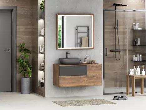 Мебель для ванной комнаты Misty Коломбо 100 см подвесная, темное дерево, серая