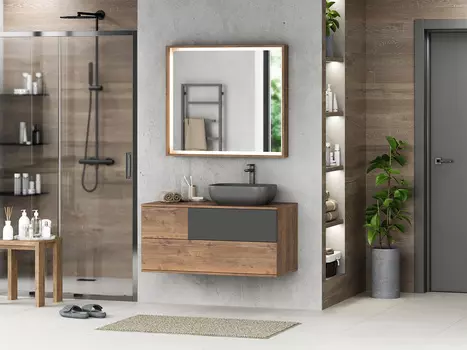 Мебель для ванной комнаты Misty Коломбо 100 см подвесная, темное дерево, серая