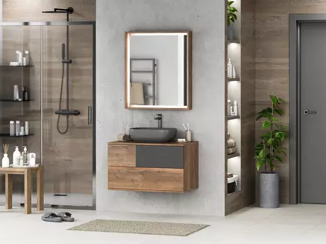 Мебель для ванной комнаты Misty Коломбо 80 см подвесная, темное дерево, серая