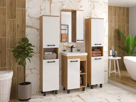 Мебель для ванной комнаты Misty Крафт 50 см напольная, белая, светлое дерево