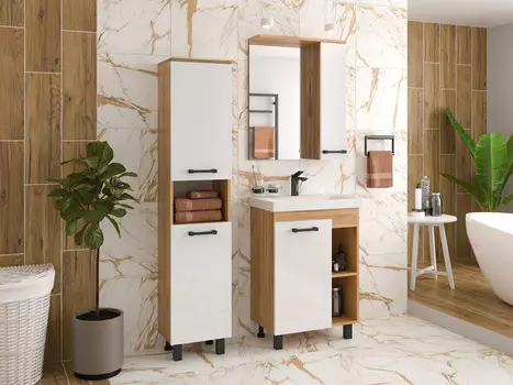 Мебель для ванной комнаты Misty Крафт 60 см напольная, белая, светлое дерево