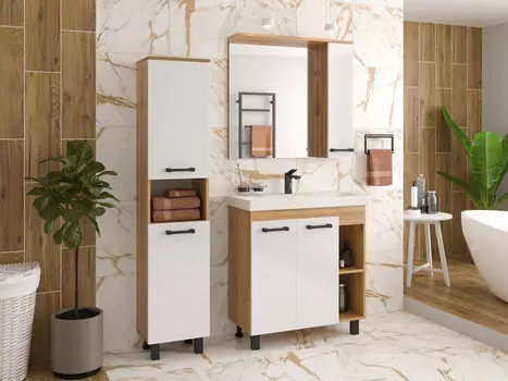 Мебель для ванной комнаты Misty Крафт 80 см напольная, белая, светлое дерево