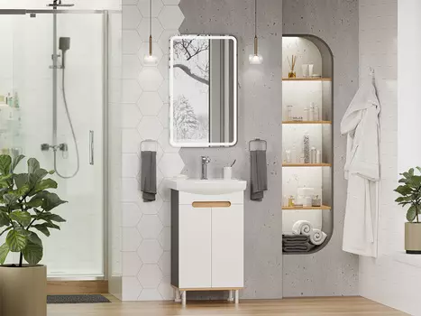 Мебель для ванной комнаты Misty Сканди 50 см напольная, белая, светлое дерево