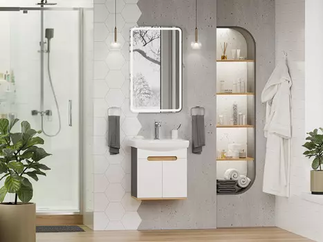 Мебель для ванной комнаты Misty Сканди 50 см подвесная, белая, светлое дерево