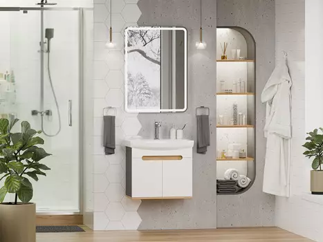 Мебель для ванной комнаты Misty Сканди 60 см подвесная, белая, светлое дерево