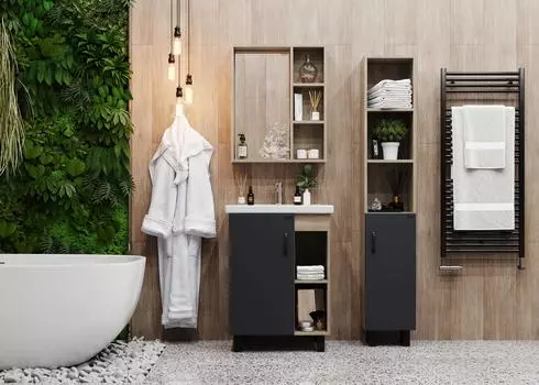 Мебель для ванной комнаты Onika Тимбер 60 см напольная с 1 дверцей, под раковину Como-60 Cersanit, дуб, серая матовая