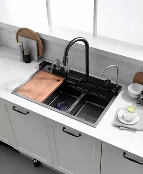 Многофункциональная кухонная мойка Esbano GEYSERUS-5 68 см оружейная сталь, со смесителем, разделочной доской и колландером