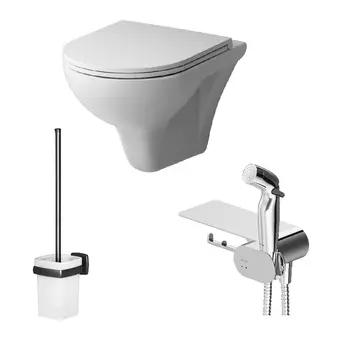 Набор: подвесной унитаз с гигиеническим душем Am.Pm Gem CK90H0203W безободковый, с сиденьем микролифт, белый, хром