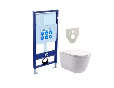 Подвесной унитаз с инсталляцией Aquatek Классик SET AQUATEK КЛАССИК безободковый, с крышкой микролифт, белый