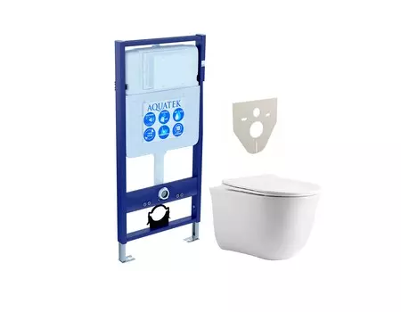 Подвесной унитаз с инсталляцией Aquatek Классик SET AQUATEK КЛАССИК cm безободковый, с крышкой микролифт, белый