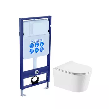 Подвесной унитаз с инсталляцией Aquatek Оберон SET AQUATEK ОБЕРОН T безободковый, с крышкой микролифт, белый