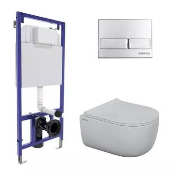 Подвесной унитаз с инсталляцией Berges 3в1 (инсталляция Novum525 + унитаз Ego rimless + кнопка L3 хром)
