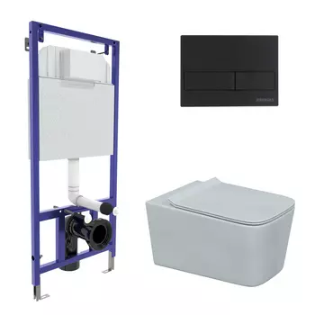 Подвесной унитаз с инсталляцией Berges 4в1 (инсталляция NOVUM525, кнопка L5 Soft Touch черная, унитаз FLOE, сиденье дюропласт FLOE Slim SO)