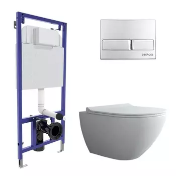 Подвесной унитаз с инсталляцией Berges 4в1 (инсталляция Novum + унитаз Puma rimless 51см + кнопка L3 + сиденье микролифт Toma slim