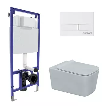 Подвесной унитаз с инсталляцией Berges 4в1 (инсталляция NOVUM525, кнопка L1 белая, унитаз FLOE, сиденье дюропласт FLOE Slim SO)