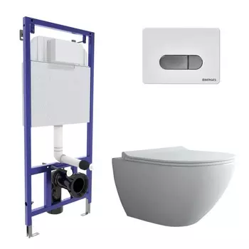 Подвесной унитаз с инсталляцией Berges 4в1 (инсталляция Novum + унитаз Puma rimless 51см + кнопка D7 + сиденье микролифт Toma slim