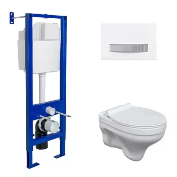 Подвесной унитаз с инсталляцией Berges Atom Line 42444 кнопка белая, сиденье микролифт, белый