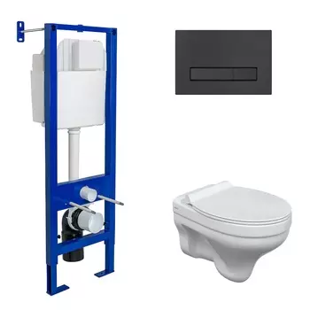 Подвесной унитаз с инсталляцией Berges Atom Line 42442 кнопка черная, сиденье микролифт, белый