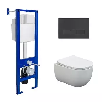 Подвесной унитаз с инсталляцией Berges Atom Line 43306 кнопка черная, сиденье микролифт, белый