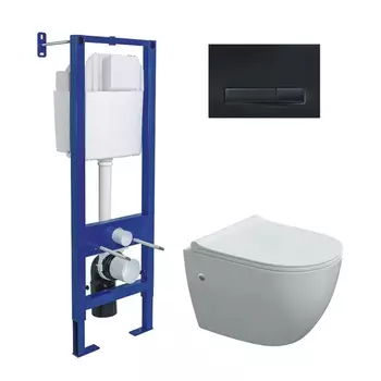 Подвесной унитаз с инсталляцией Berges Atom Line 42445 кнопка черная, сиденье микролифт, белый