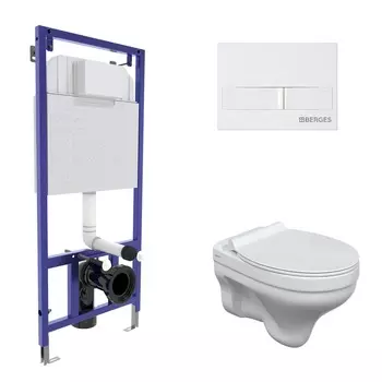 Подвесной унитаз с инсталляцией Berges Novum 42436 кнопка белая, сиденье микролифт, белый